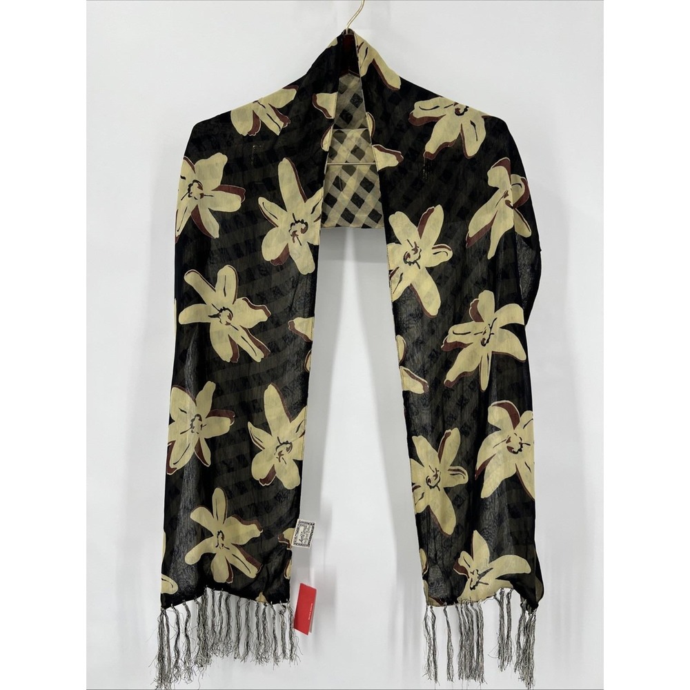 Vintage April Cornell Scarf Floral with‎ Checkered Lining Boho Romantic Tassles